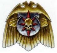 Captain Cato Sicarius' personal heraldry, which combines the Iron Halo, the Ultramarines Chapter icon and the golden Aquila marking Sicarius as the Grand Duke of Talassar