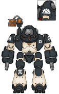 A Graiann Kastelan-class Robot; Graia's Battle-Automata commonly bear white iconography upon the black slabs of their battlehide, while the markings of its Kataphron Battle Servitor clades are black upon their bone-coloured plates