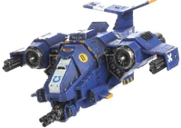 A Stormhawk Interceptor of the Ultramarines Chapter, front-left side view
