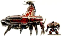 A Brass Scorpion adjacent to a Chaos Dreadnought; the Brass Scorpion is far larger.