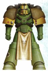 Mantis Warriors Veteran Sergeant in Mark IV Maximus Power Armour; note the loincloth bearing the Chapter's Sigil of Prophecy