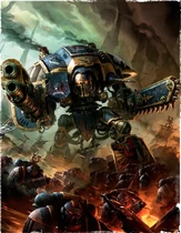 An Imperial Knight Errant of House Terryn supporting Space Marines of the Ultramarines Chapter.