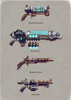 Weapons of the Legiones Skitarii; Phosphor Blast Pistol, Plasma Caliver, Phosphor Serpenta, Stubcarbine