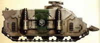 An ancient pict-capture of a Deimos Rhino of the Death Guard Legion, side view