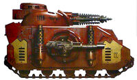 A relic Deimos Predator Executioner of the Blood Ravens Chapter with a turret mounted Conversion Beamer weapon