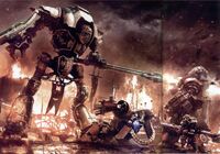 A Cerastus Knight-Lancer of House Vyronii fighting against Traitor forces during the Horus Heresy