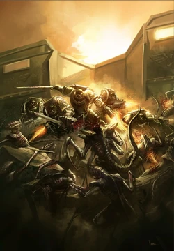 A   holds the line against a massive  incursion by Hive Fleet Dagon.