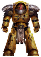 A Pre-Heresy Imperial Fists Veteran sergeant of the 21st Occupation Echelon, 42nd Company wearing Tartaros Pattern Terminator Armour.