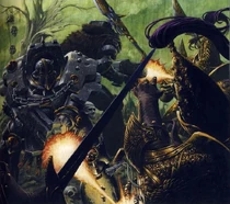 Two Justaerin Terminators fight against warriors of the Legio Custodes.