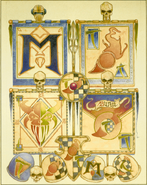 Various symbols of the Thousand Sons from the Rogue Trader (1st Edition) era; Top Left: War Banner of Magnus the Red; Top Right: Banner of Change depicting the Lord of Change's rune; Bottom Left: Conquest Banner depicting victory over a Greater Daemon of Khorne; Bottom Right: Company Banner; Bottom Row: Various Thousand Sons Armourials