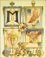 Various symbols of the Thousand Sons from the Rogue Trader (1st Edition) era; Top Left: War Banner of Magnus the Red; Top Right: Banner of Change depicting the Lord of Change's rune; Bottom Left: Conquest Banner depicting victory over a Greater Daemon of Khorne; Bottom Right: Company Banner; Bottom Row: Various Thousand Sons Armourials