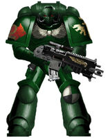 A recently assigned Primaris Space Marine of the Dark Angels' 5th Company, 2nd Tactical Squad in Mark X Tacticus Power Armour wielding a Mark II Cawl Pattern Bolt Rifle