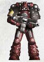 A Word Bearers Legionary in Mark V Heresy Power Armour, immediately predating the Word Bearers' open betrayal at the Battle of Calth early in the Horus Heresy.