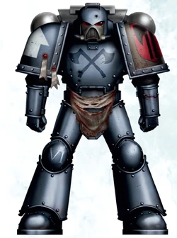 Executioners Chapter colour scheme as displayed by   Axe Brother Castigar, wearing reinforced .