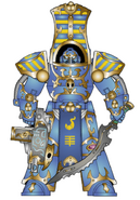 A Tizcan Host Sekhmet Scarab Occult Terminator, Omyn Votaph; Votaph wears the striated pauldrons of one of the Magna Templa's Scarab Occult bodyguards.