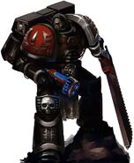 A Deathwatch Assault Marine of the Blood Angels Chapter armed with a Plasma Pistol and Chainsword.