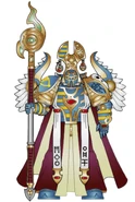 A Thousand Sons Magister Templi, Molore Zhul, of the Red Periapt; note that he wears blood-red gems that often manifest as a slitted and shifting pupil