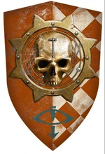 A Legio Krytos personal livery shield. Note the "Eye of Horus" honour, which denotes this princep's loyalty to the Warmaster Horus and his cause.