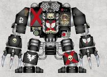 A Furioso Pattern Death Company Dreadnought; note that the Dreadnought brothers of the Death Company have their hulls painted black to match the armour of their living brothers; their plating is further decorated with morbid iconography and saltires