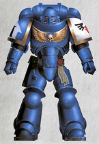 A Fulminators Primaris Space Marine, Brother Tarrand, 2nd Company, 2nd Squad (Battleline) in Mark X Tacticus Power Armour.