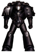 Pre-Heresy Raven Guard Veteran Sergeant in Mark VI Corvus Pattern Power Armour during the Horus Heresy; this Astartes' armour bears the lightning symbol identifying him as serving in a Legion Reconnaissance Squad -- the white faceplate is thought to be an informal identifier for a squad Sergeant while the numeral on his chest indicates that he is assigned to the XIXth Legion's 2nd Chapter