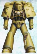 Veteran Lamenters battle-brother in Mark VI Corvus Power Armour with a Mark III Iron Power Armour helm.