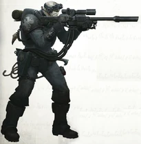 A Scout Marine of the Raven Guard Chapter in Scout Armour wielding a modified Sniper Rifle