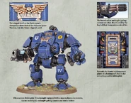 An Ultramarines Redemptor Dreadnought equipped with a Macro Plasma Incinerator, Icarus Rocket Pod, Onslaught Gatling Cannon, Storm Bolters and a Redemptor Fist