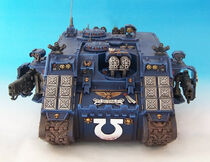 A Land Raider Redeemer of the Ultramarines Chapter, front view.