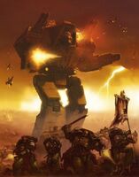 A Mars Pattern Warlord-class Battle Titan defends the forces of the Emperor.