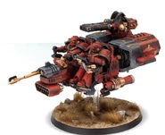 A Land Speeder Proteus of the Blood Angels Legion armed with a Volkite Culverin and a Havoc Missile Launcher.