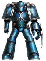 An unknown Alpha Legion Assault Sergeant in late-Heresy, Artificer-wrought Mark IV Maximus Power Armour; note the helm and pauldrons which have been crafted by the Legion's Artificers in a form unique to the XXth Legion; this warrior's armour bears little to no tactical markings; the green stripe on the helm most likely indicates the warrior's rank as a Sergeant.