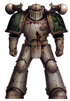 Death Guard Legionary Caipha Morarg, 24th Breacher Squad, 2nd Great Company who fought with the Traitors on Istvaan III; note the Mark III Iron Pattern Power Armour utilising a prototype Anvilus Pattern backpack unit -- this variant has enhanced stabilising thruster vents to aid in void operations, but inferior rad-shielding.