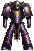 Pre-Heresy Emperor's Children Legionary; note that this Astartes' wargear and panoply displays typify that of the III Legion in the latter stage of the Great Crusade; this Astartes' armour is reinforced with molecular bonding studs in the greaves while leather pteruges were added to standard armour as martial decoration (a minor privilege of the III Legion).