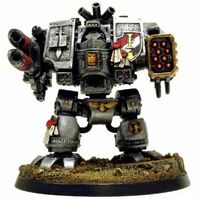 A Hellfire Pattern Aegis Dreadnought of the Grey Knights Space Marine Chapter