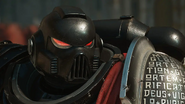 Mark VIII Errant Power Armour helmet and gorget worn by a Deathwatch Veteran displaying the new modifications to the helm's atmospheric processing and ventilation systems, as depicted in Space Marine II.