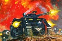 The Black Templars advance under fire behind the cover of a Predator Destructor.