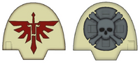 Brother Depheros' shoulder guards -- the left shoulder guard bears the Crux Terminatus, while the right shows the broken-sword insignia of the Deathwing.