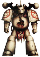 A Chaos Space Marine of the Lords of Decay, a large Death Guard warband that has had multiple encounters with the Imperium over the past millennium and has been led by Mortarion himself.