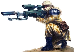 A Tallarn Desert Raider Guardsman prepares to snipe the foe.