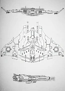 Front, dorsal and starboard schematics of a Tiger Shark AX-1-0