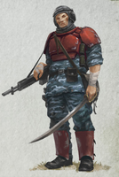 Red armaplas on the shoulders and shins offsets the dark camouflage of the Cadian 43rd "Broken Swords" Regiment