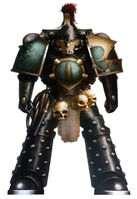 Sons of Horus Overseer, Master-Driver Ummaos Ludarch, note the Artificer-wrought Mark IV Maximus Power Armour; the helm and chest armour are made in recognition of his role; Warrior Lodge tokens are worn on the left pauldron, as well as Warrior Lodge sigils on right forearm; this Astartes bears a whip at his belt which is a symbol of his rank and as a means of disciplining the mortal troops under his command