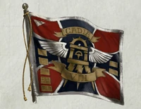 Regimental banner of the 8th Cadian; every Cadian regiment has a number of standards that are carried in battle by a Command Squad; typically, each company will have its own standard, embroidered with the names of their fallen heroes