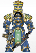 A Sectai Prosperine Sekhmet Scarab Occult Terminator; note the avian skulls that adorn the weapons and armour of the Sectai's most favoured, an echo of an ancient Tizcan practice from lost Prospero.