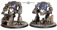 A pair of Legio Tempestus Warhound-class Titans