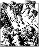 An ancient Remembrancer's depiction of Jump Pack-equipped Imperial Army troopers assaulting an Ork position during a xenocide campaign during the Great Crusade.