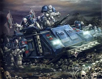 A Mark Ib Deimos Rhino in use by the World Eaters Legion during the Horus Heresy