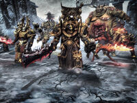 The Chaos Lord Araghast the Pillager and the forces of the Black Legion on Aurelia