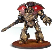 A Legio Custodes Telemon Heavy Dreadnought armed with an Iliastus Accelerator Cannon.